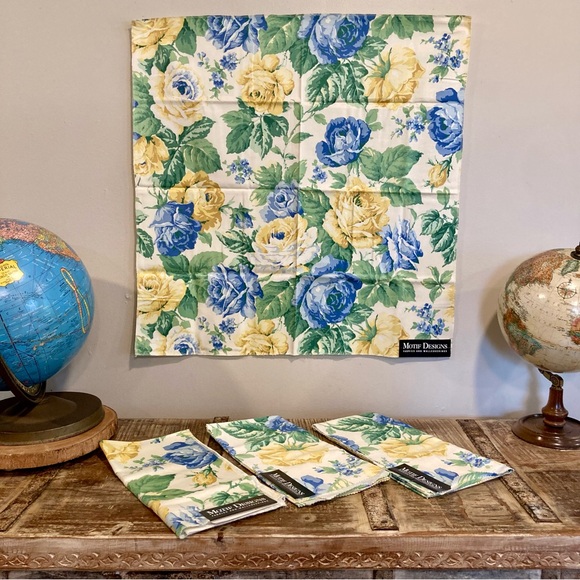 Vintage Other - 4pcs Blue & Yellow Floral 100% Cotton Fabric Scraps Bundle Fabric Remnants